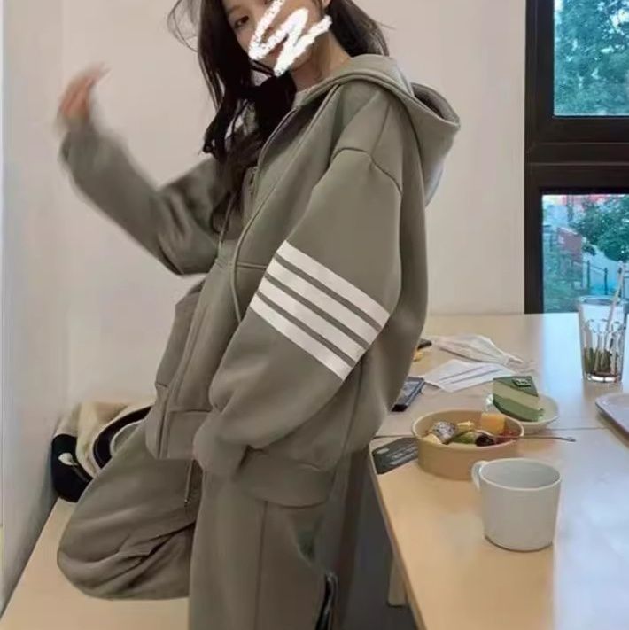 ストリートファッション 袖ラインデザインゆったりジップアップ パーカー