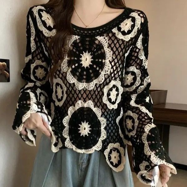 ストリートファッション 花モチーフ透かし編みクロシェニットトップス