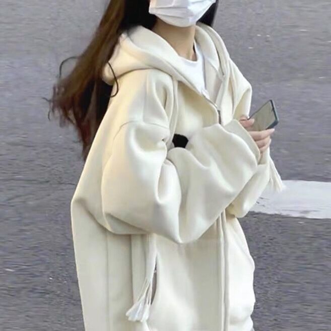 ストリートファッション ゆったりフード付きジップアップカーディガン