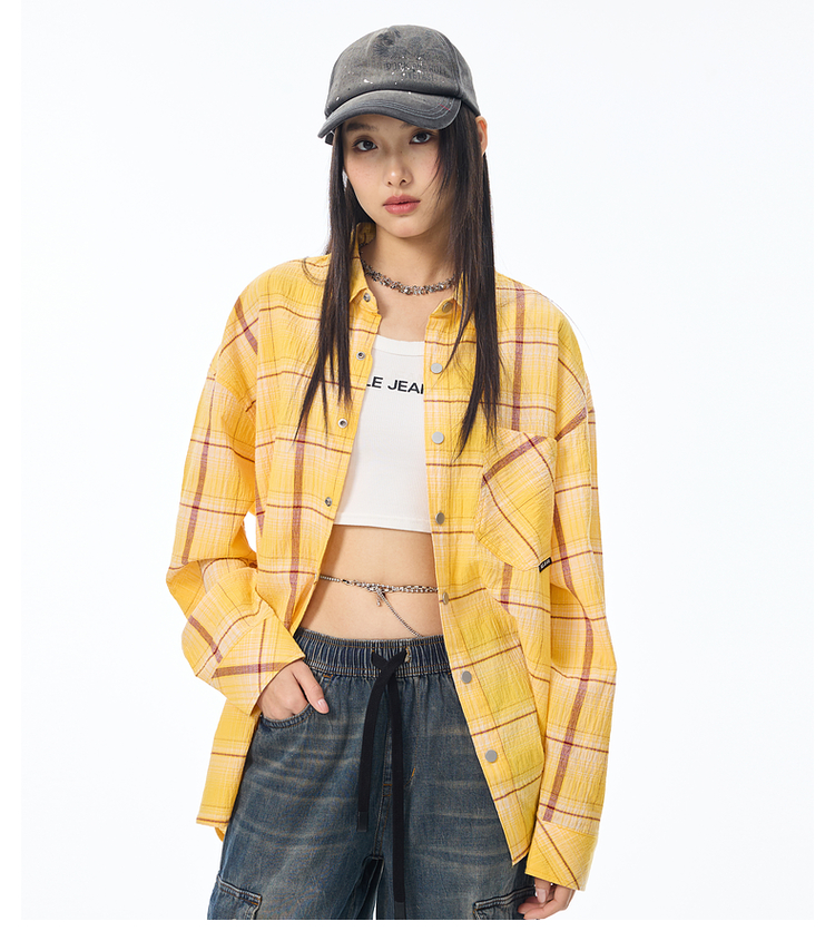 ストリートファッション ゆったりシルエットチェックシャツ