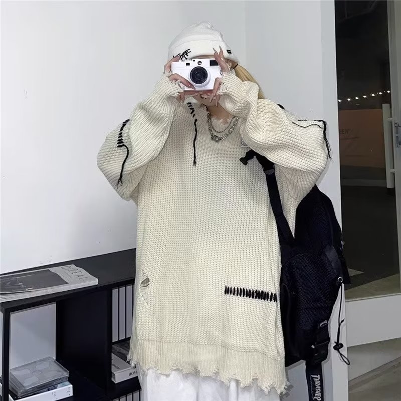 ストリートファッション ステッチデザイン裾ダメージニット