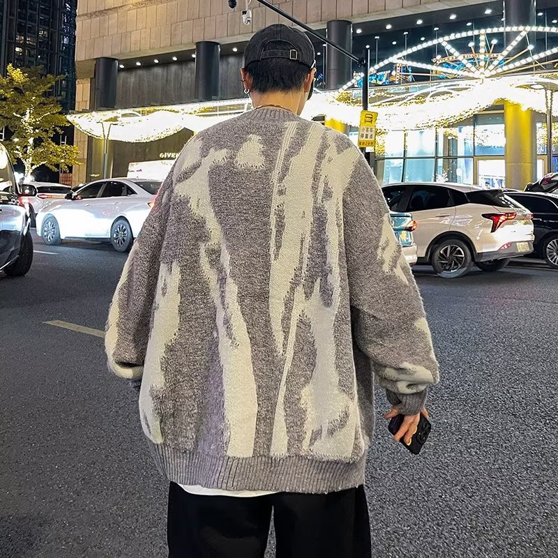 ストリートファッション 幾何学模様ゆったりニットカーディガン