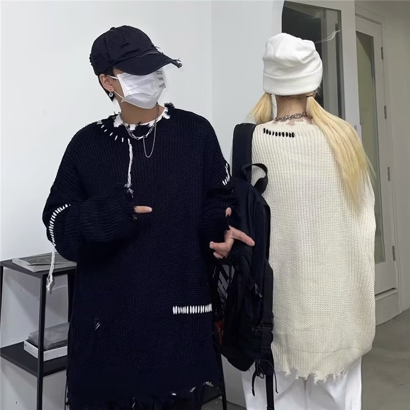 ストリートファッション ステッチデザイン裾ダメージニット