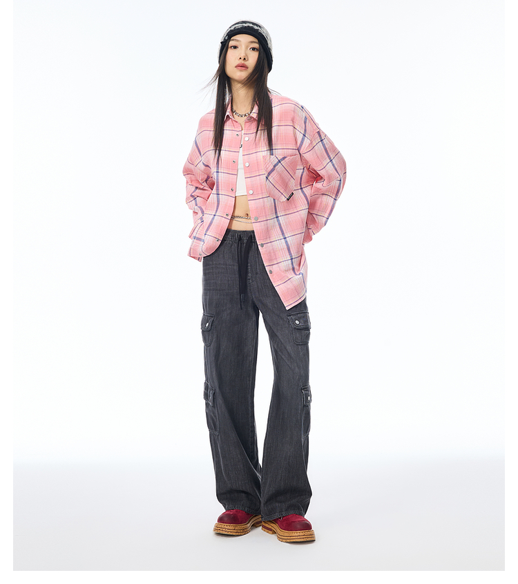 ストリートファッション ゆったりシルエットチェックシャツ