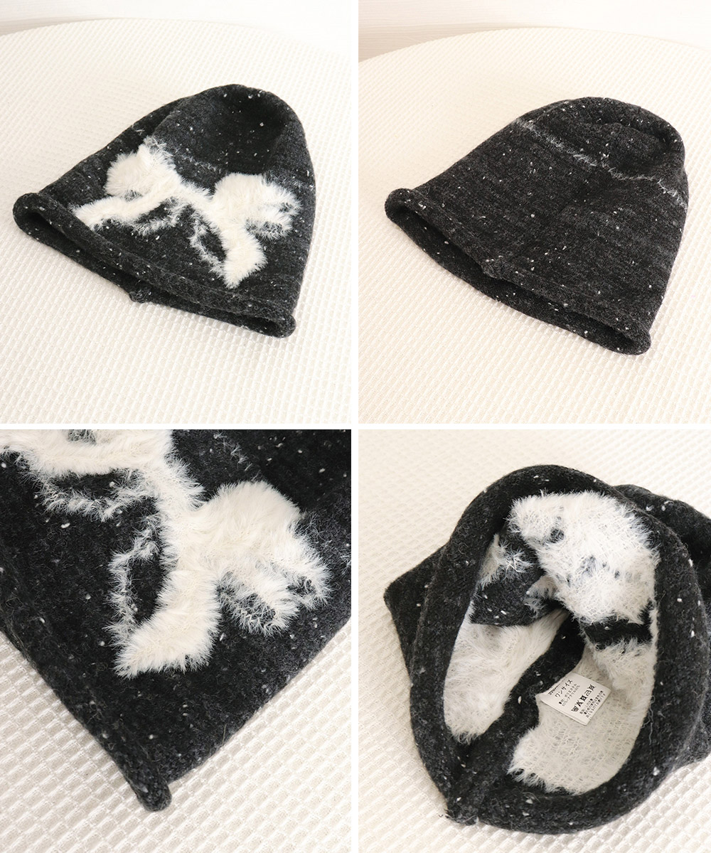 ストリートファッション ふわふわニット帽 リボン柄ビーニー 秋冬