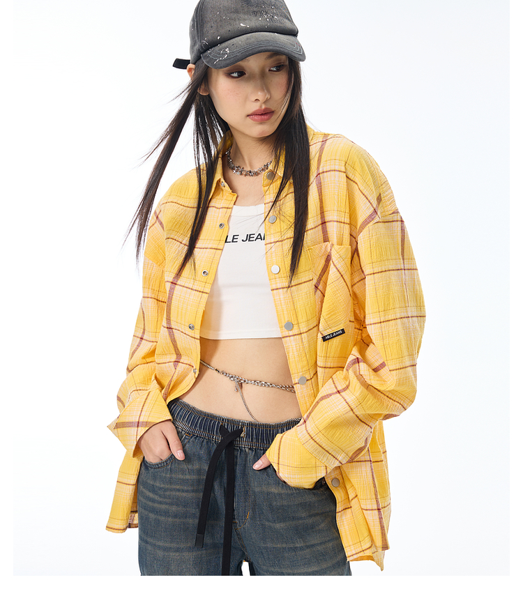 ストリートファッション ゆったりシルエットチェックシャツ