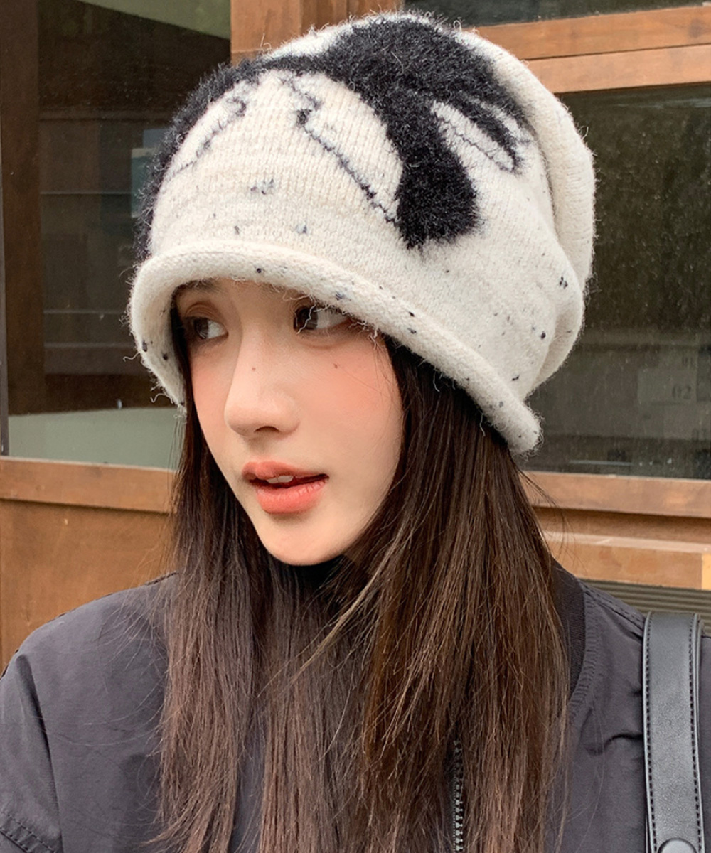 ストリートファッション ふわふわニット帽 リボン柄ビーニー 秋冬