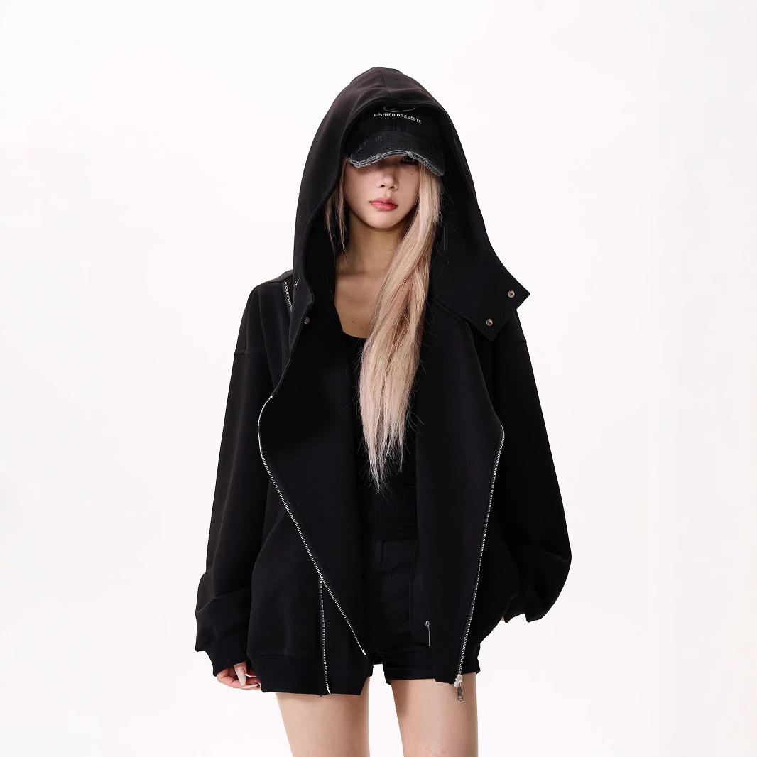 ストリートファッション 斜めジップ変形フードデザイン パーカー
