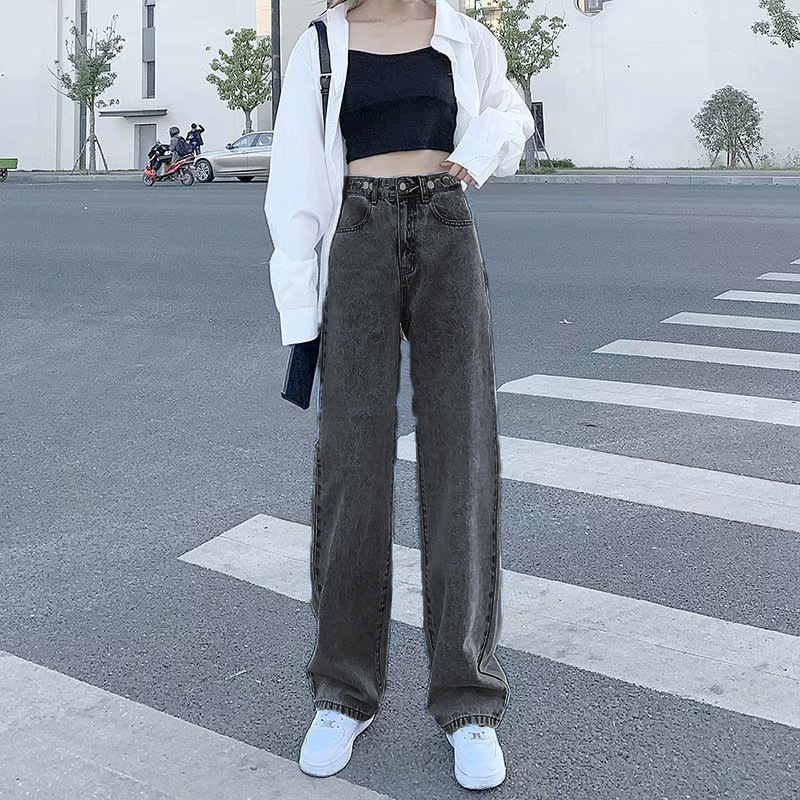 ストリートファッション ワイドレッグストレートハイウエストデニムパンツ