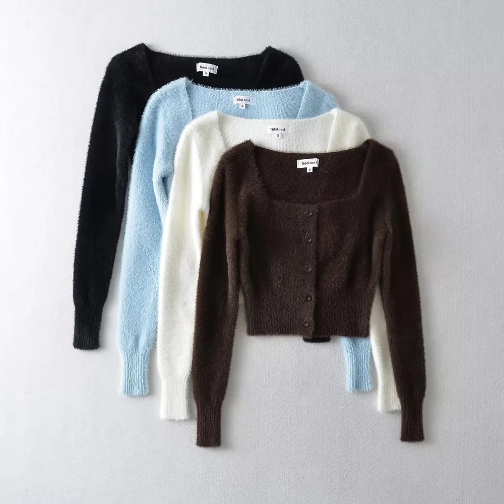 ストリートファッション ふんわりモヘア風ショート丈カーディガン