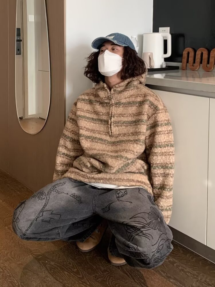 ストリートファッション ノルディック柄ハーフジップニット