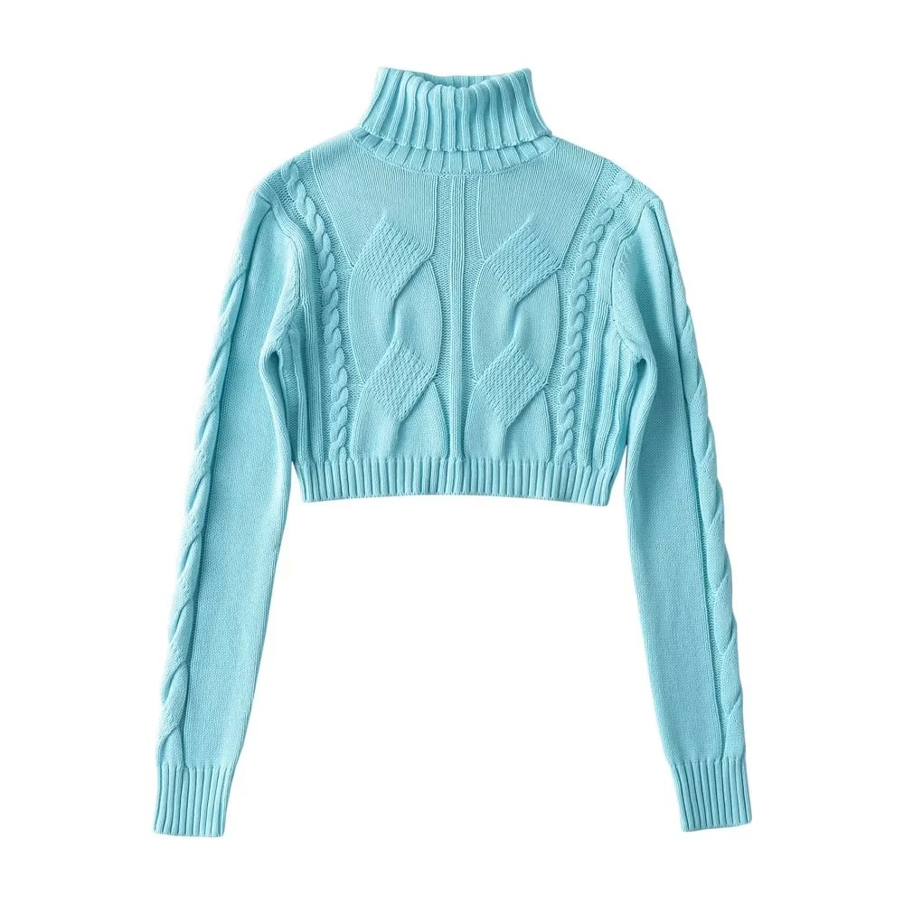 ストリートファッション タートルネック ショート丈 ケーブル編み ニットセーター