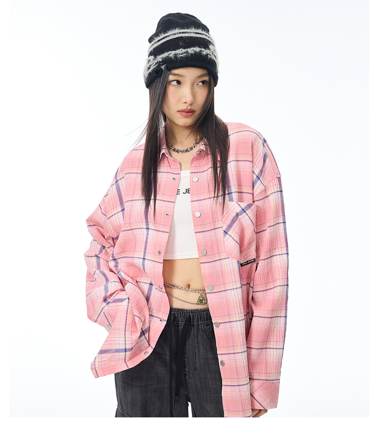 ストリートファッション ゆったりシルエットチェックシャツ