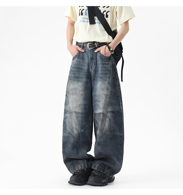 ストリートファッション ゆったりバルーンデニムパンツ
