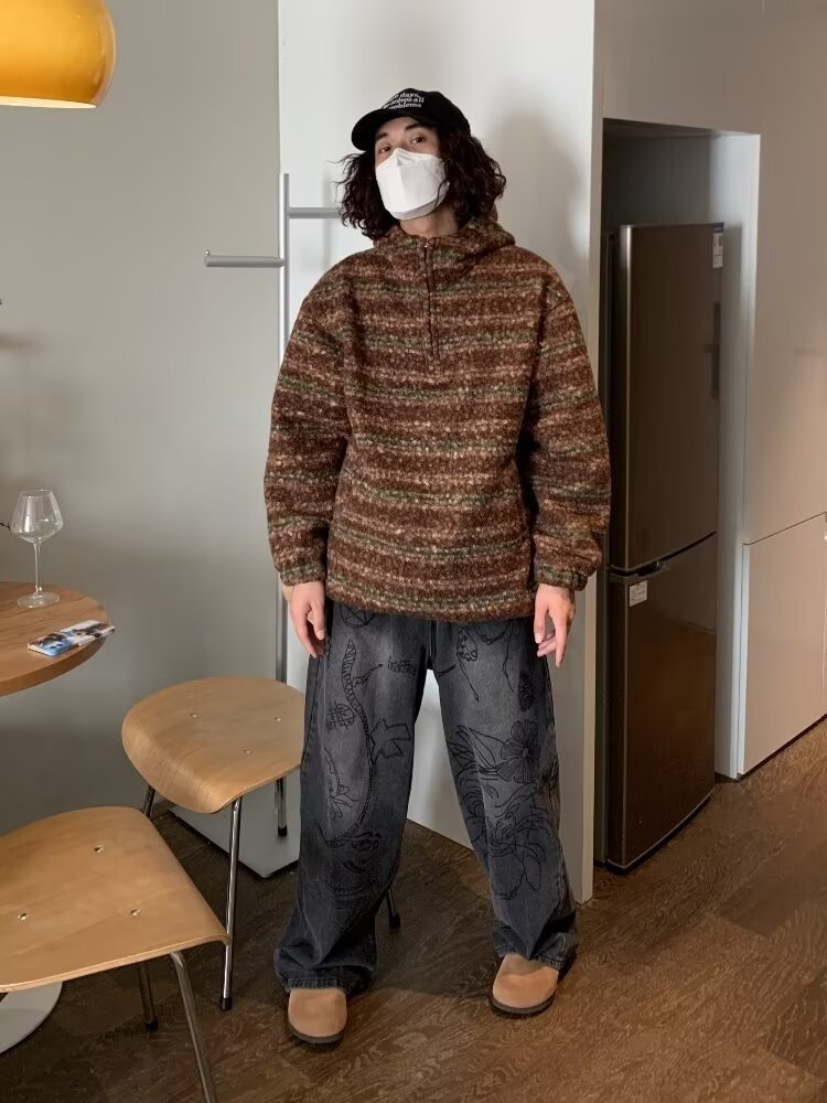 ストリートファッション ノルディック柄ハーフジップニット