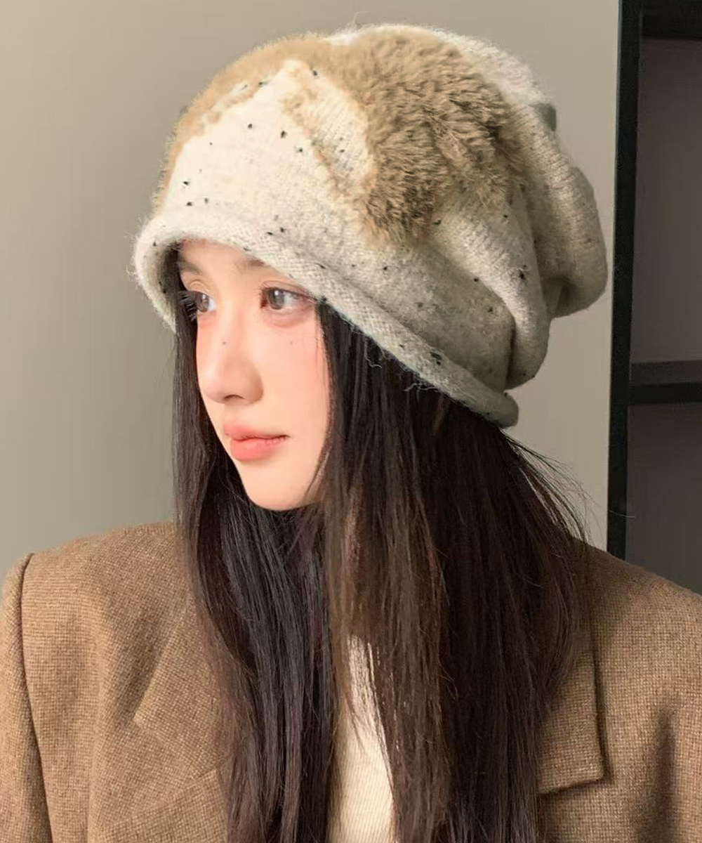 ストリートファッション ふわふわニット帽 リボン柄ビーニー 秋冬