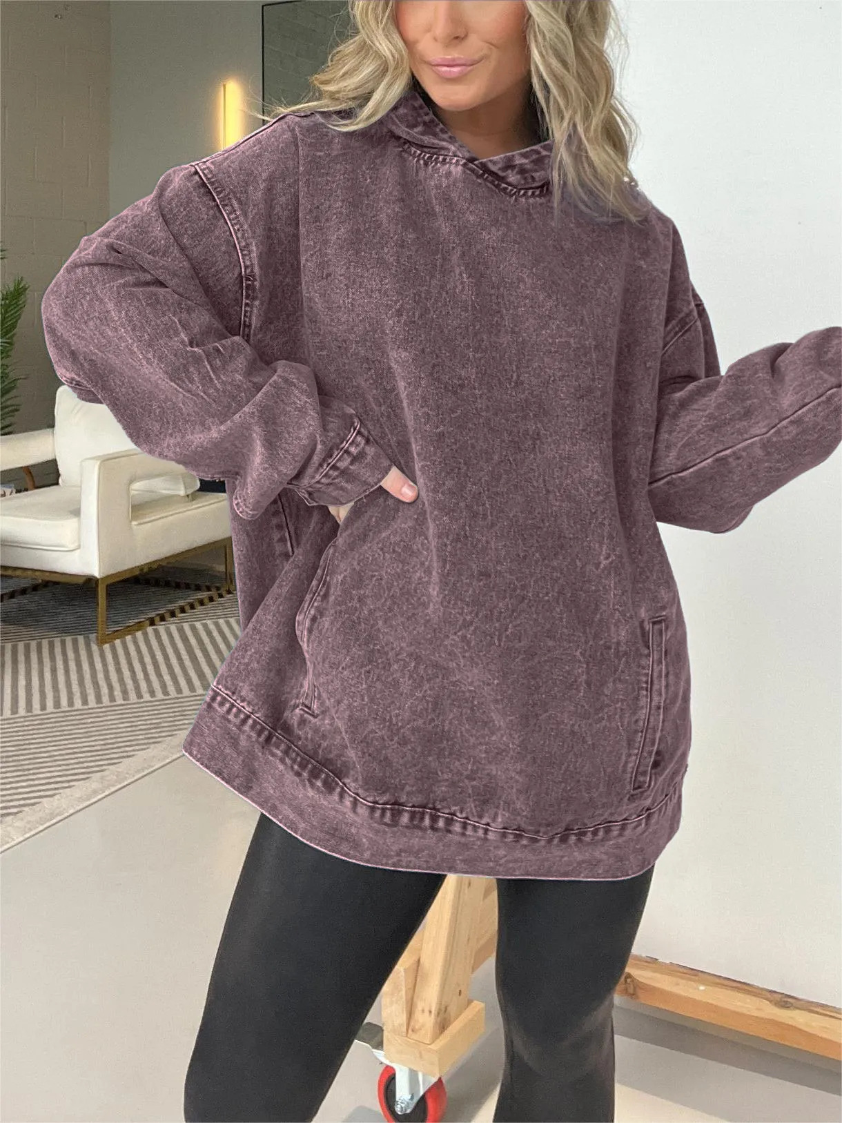 ストリートファッション デニム風加工オーバーサイズフーディ　パーカー