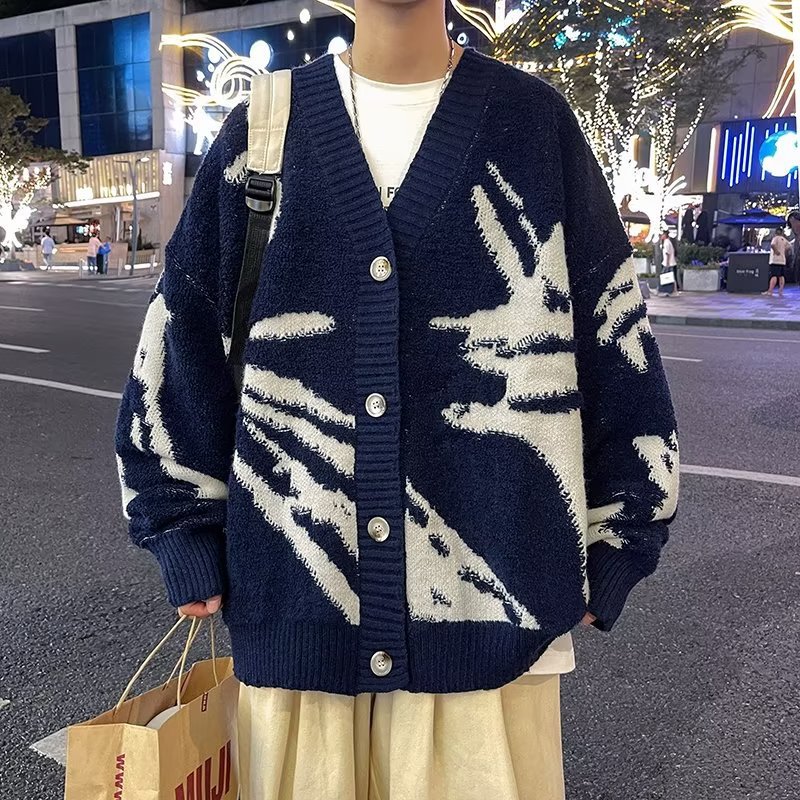 ストリートファッション 幾何学模様ゆったりニットカーディガン