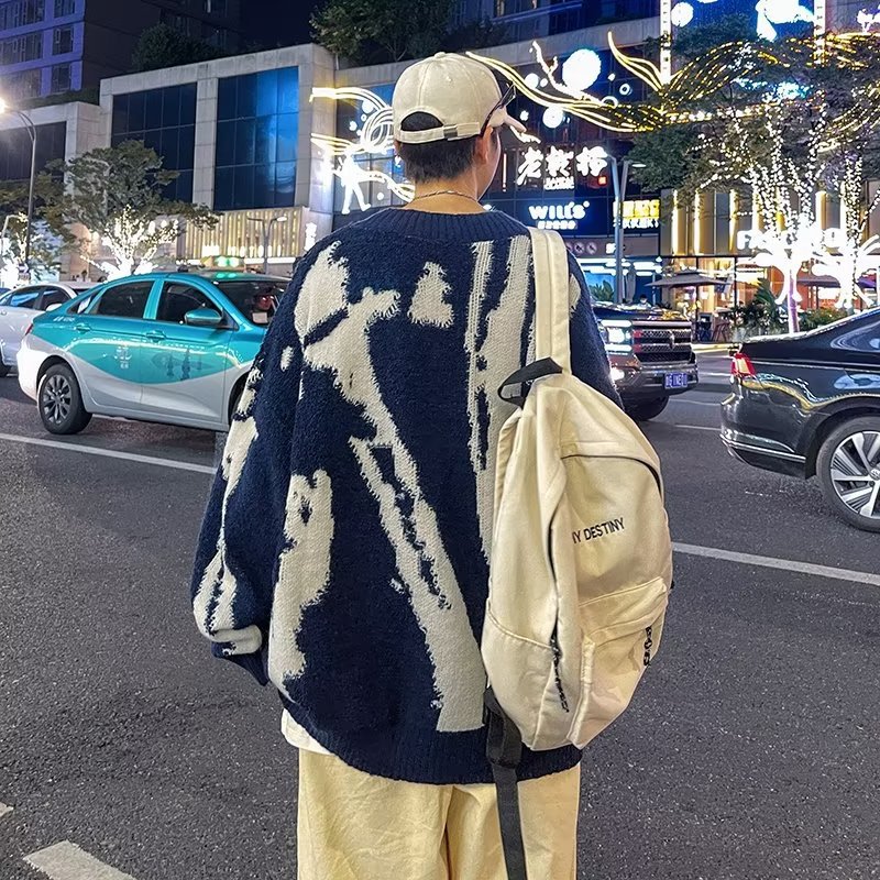 ストリートファッション 幾何学模様ゆったりニットカーディガン
