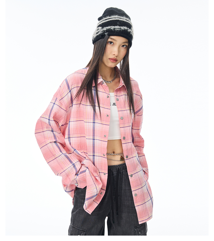 ストリートファッション ゆったりシルエットチェックシャツ