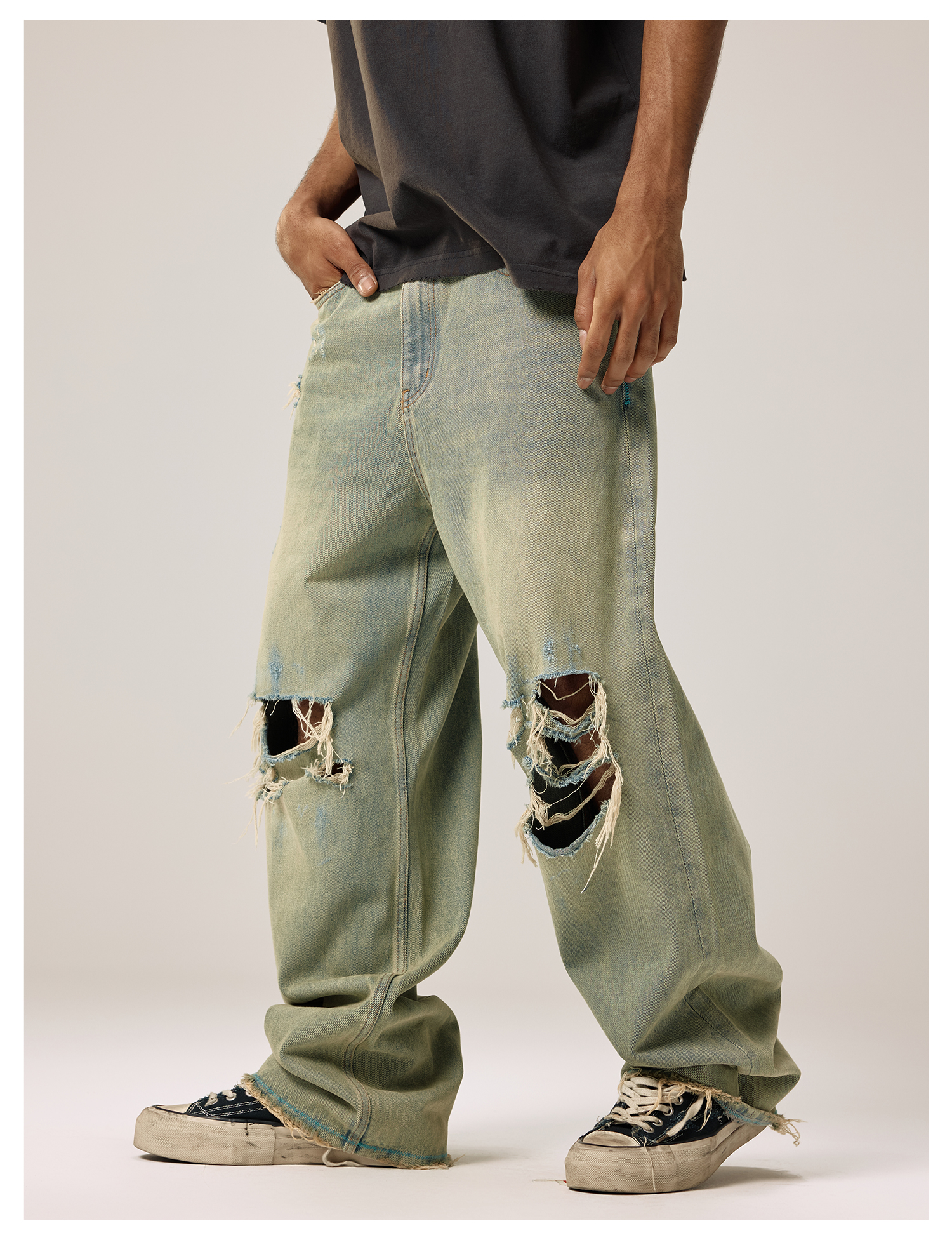 ストリートファッション ダメージ加工ワイドデニム
