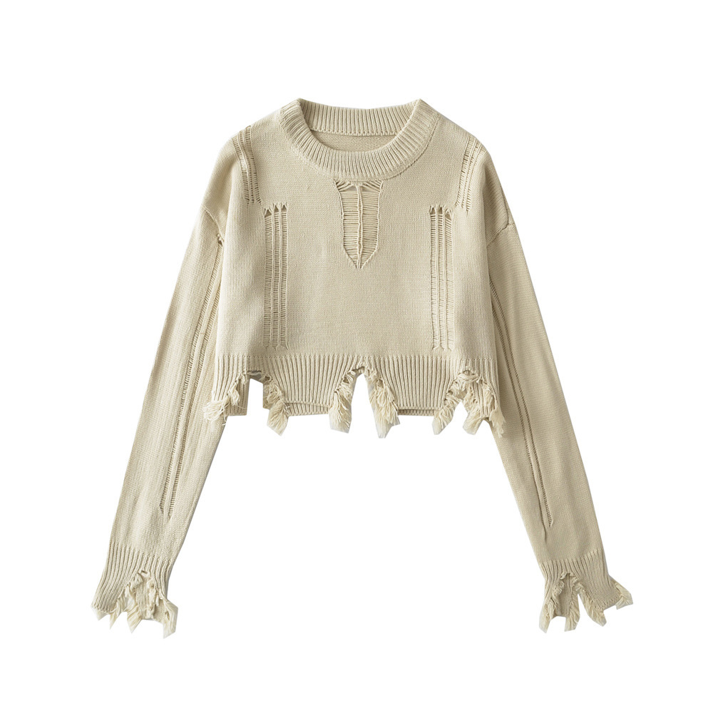 ストリートファッション 裾フリンジダメージ加工クルーネックニット