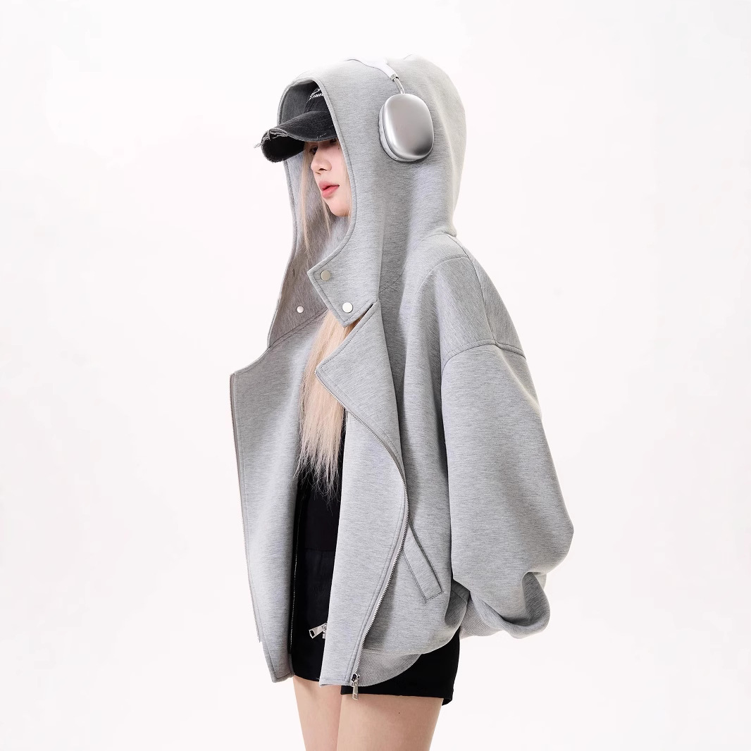 ストリートファッション 斜めジップ変形フードデザイン パーカー