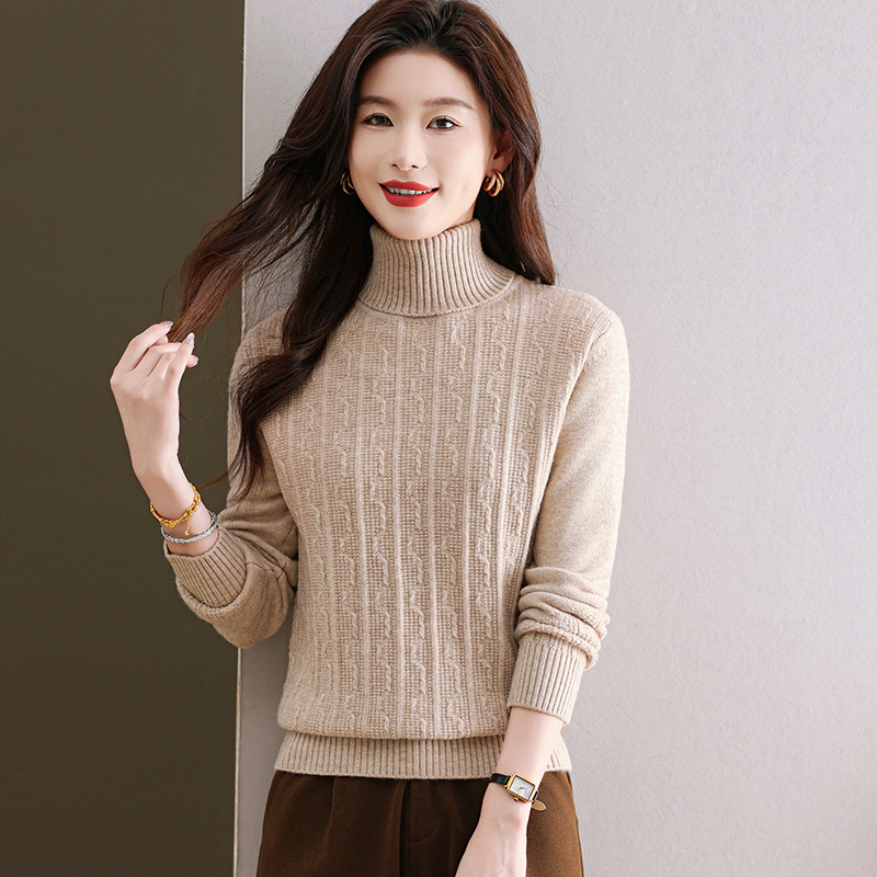 ストリートファッション 縦ケーブル編みタートルネックニットセーター