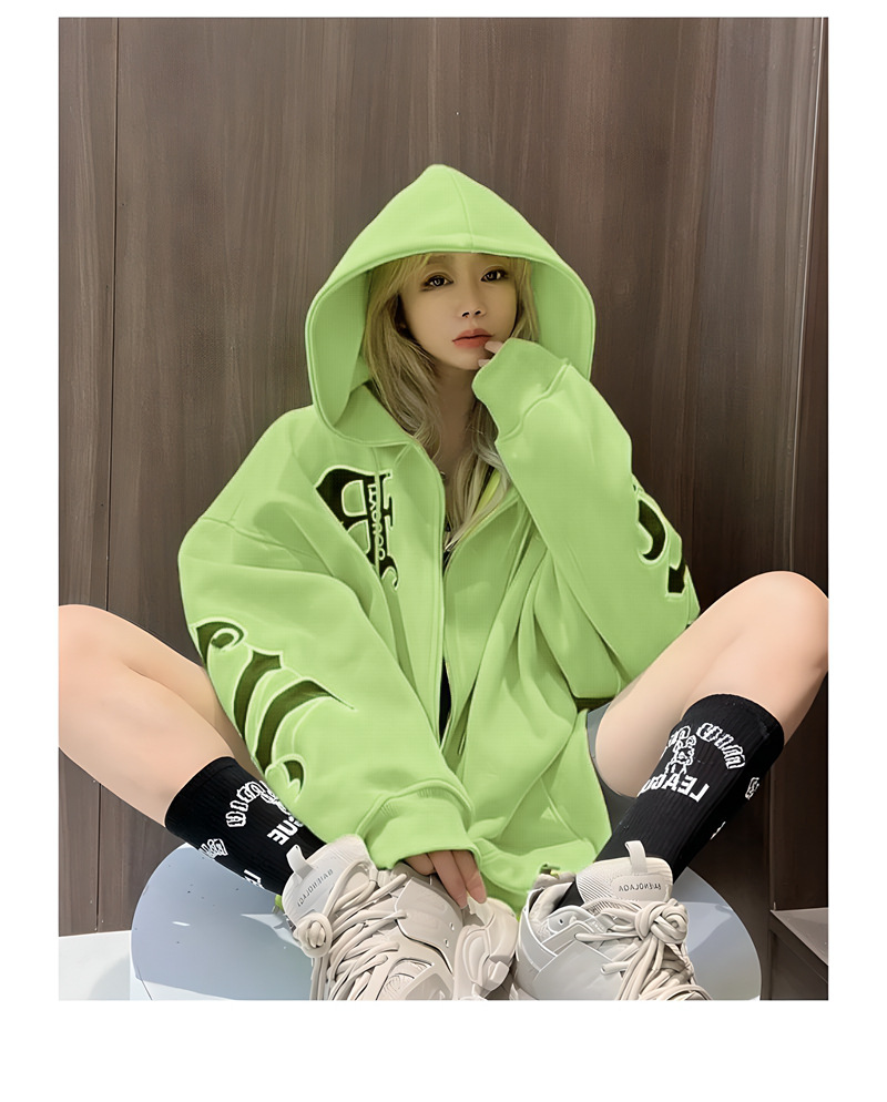 ストリートファッション 文字デザイン袖ロゴビッグシルエットジップ　パーカー