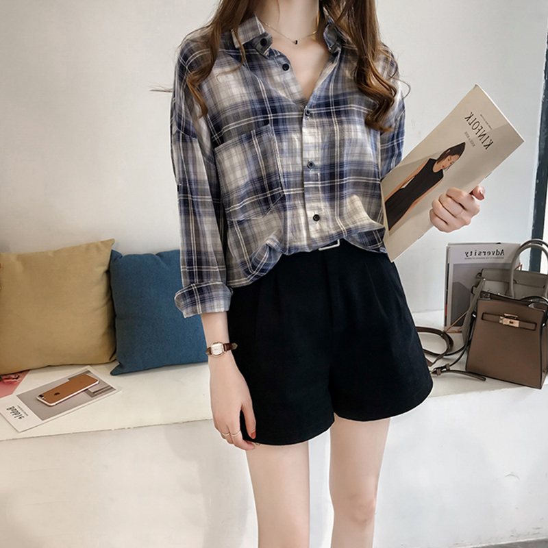 ストリートファッション ゆったりシルエット長袖格子柄シャツ