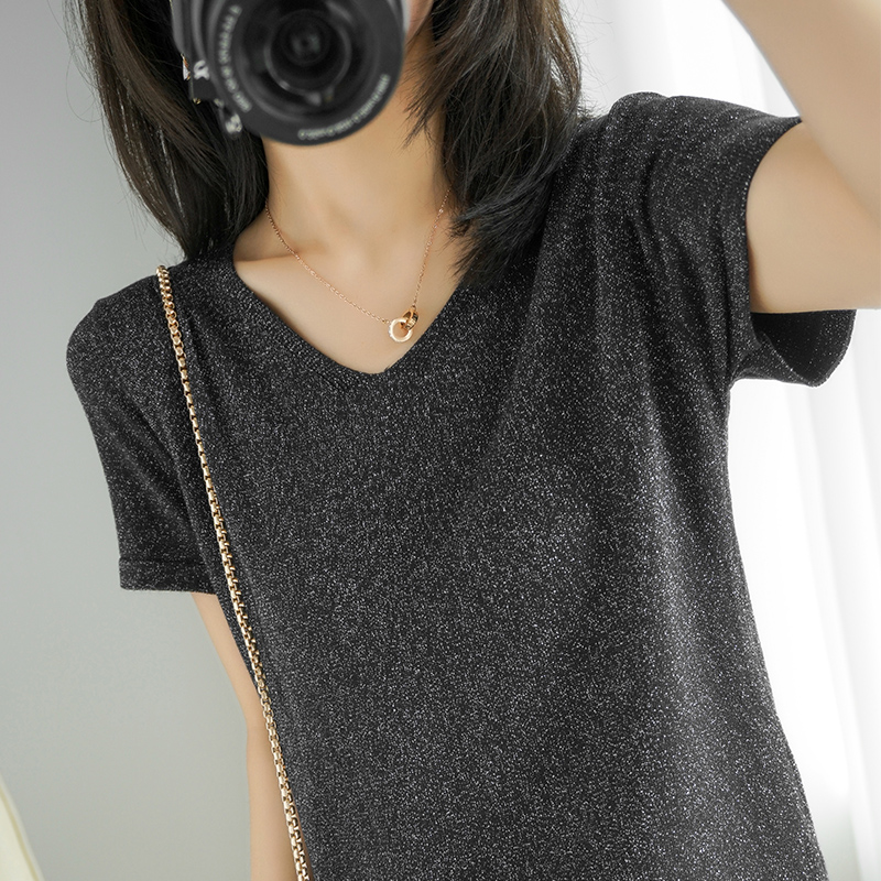 ストリートファッション ゆったりシルエット半袖ブイネックニットトップス