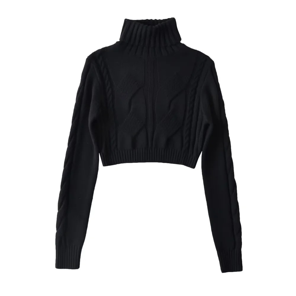 ストリートファッション タートルネック ショート丈 ケーブル編み ニットセーター