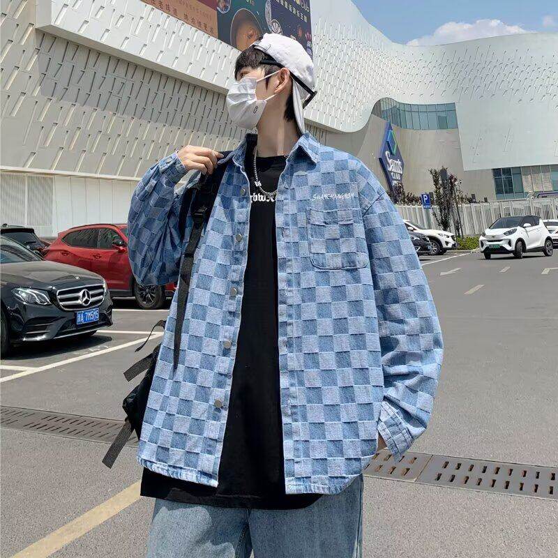 ストリートファッション 市松模様オーバーサイズシャツ
