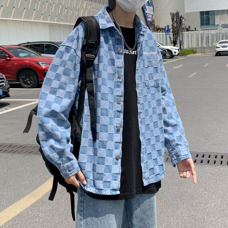 ストリートファッション 市松模様オーバーサイズシャツ