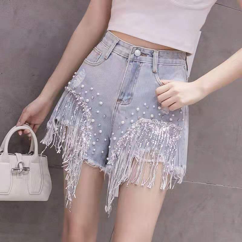 ストリートファッションデニム パール装飾フリンジ付きダメージ加工ショートパンツ