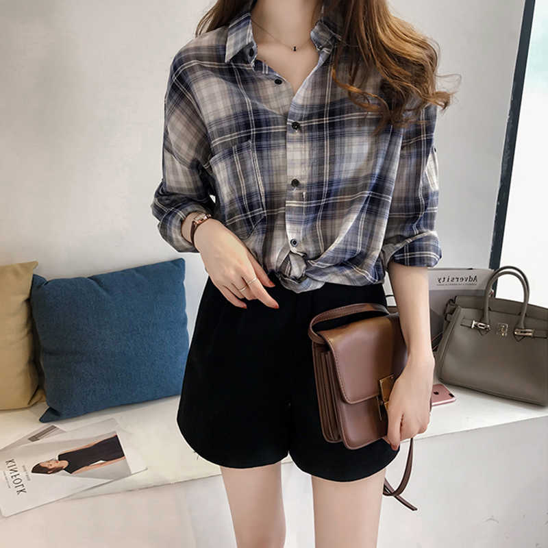 ストリートファッション ゆったりシルエット長袖格子柄シャツ