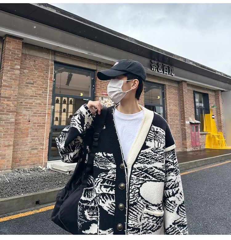 ストリートファッション 風景画モチーフオーバーサイズニット