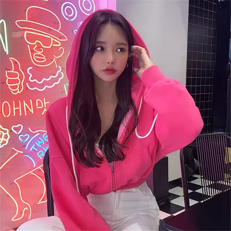 ストリートファッション ショート丈ジップアップフーディー　パーカー