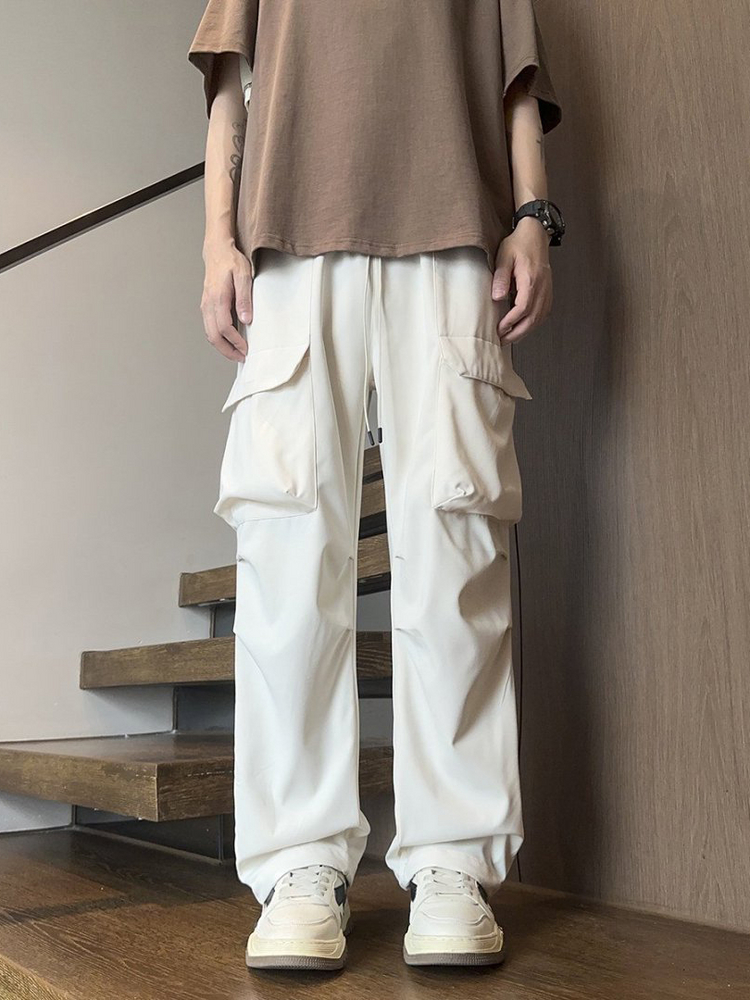 ストリートファッション ワイドシルエット実用ポケットパンツ