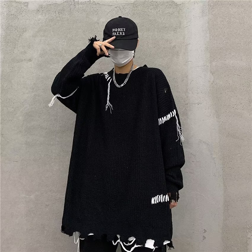 ストリートファッション ステッチデザイン裾ダメージニット