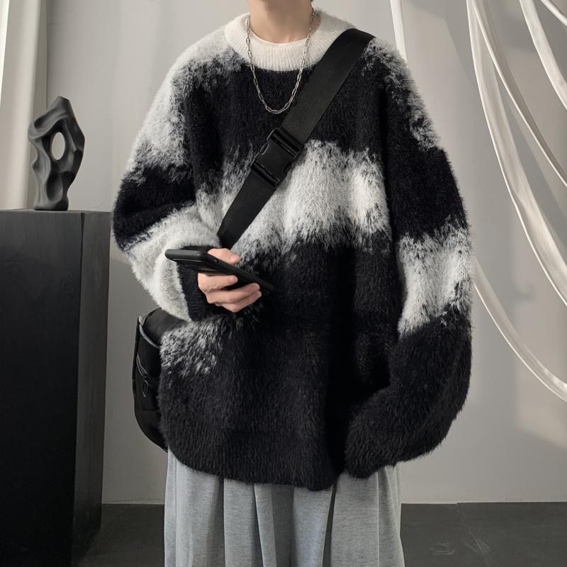 ストリートファッション モザイク模様もこもこニット