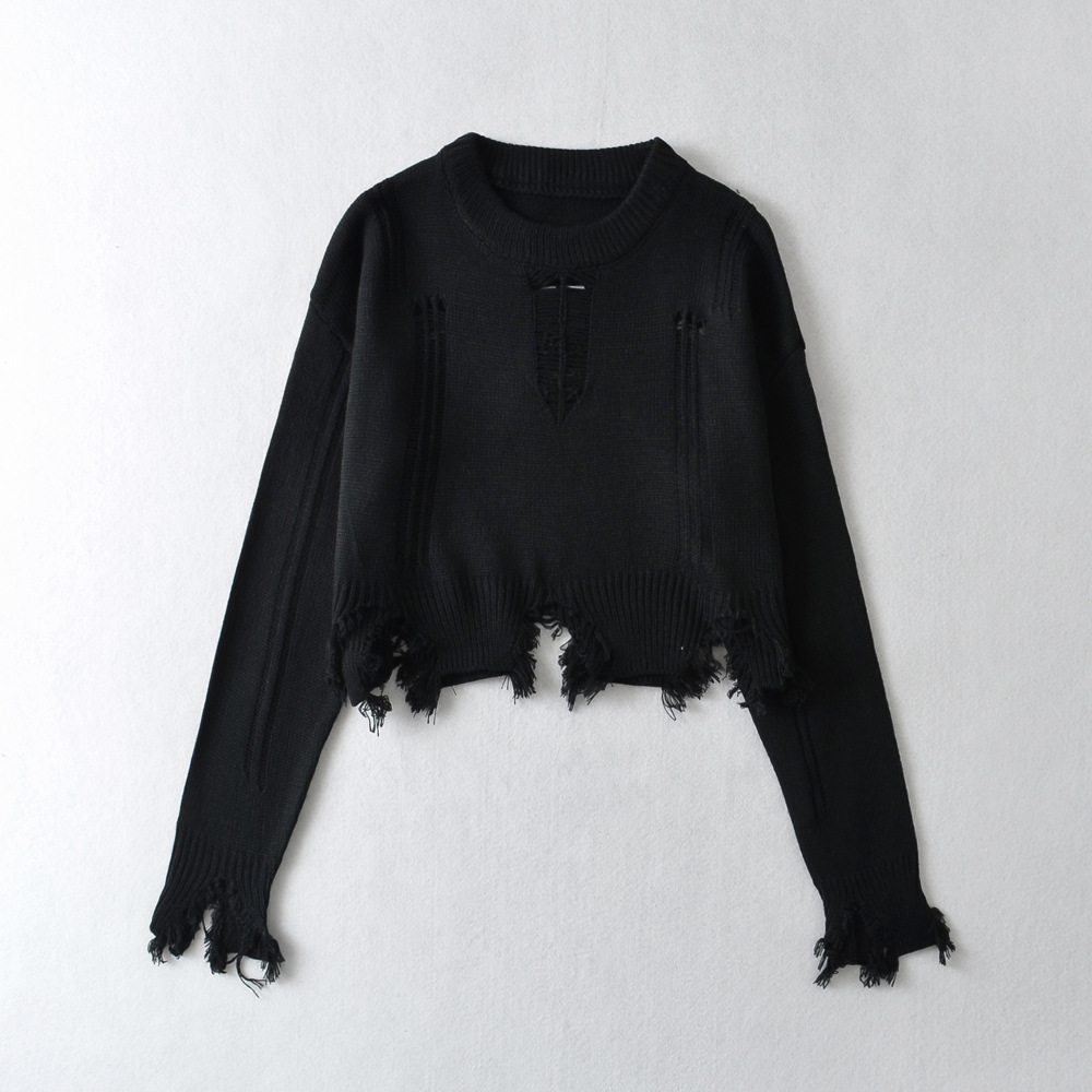 ストリートファッション 裾フリンジダメージ加工クルーネックニット
