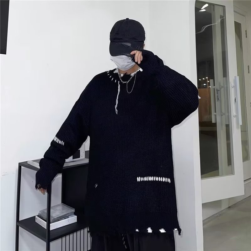 ストリートファッション ステッチデザイン裾ダメージニット
