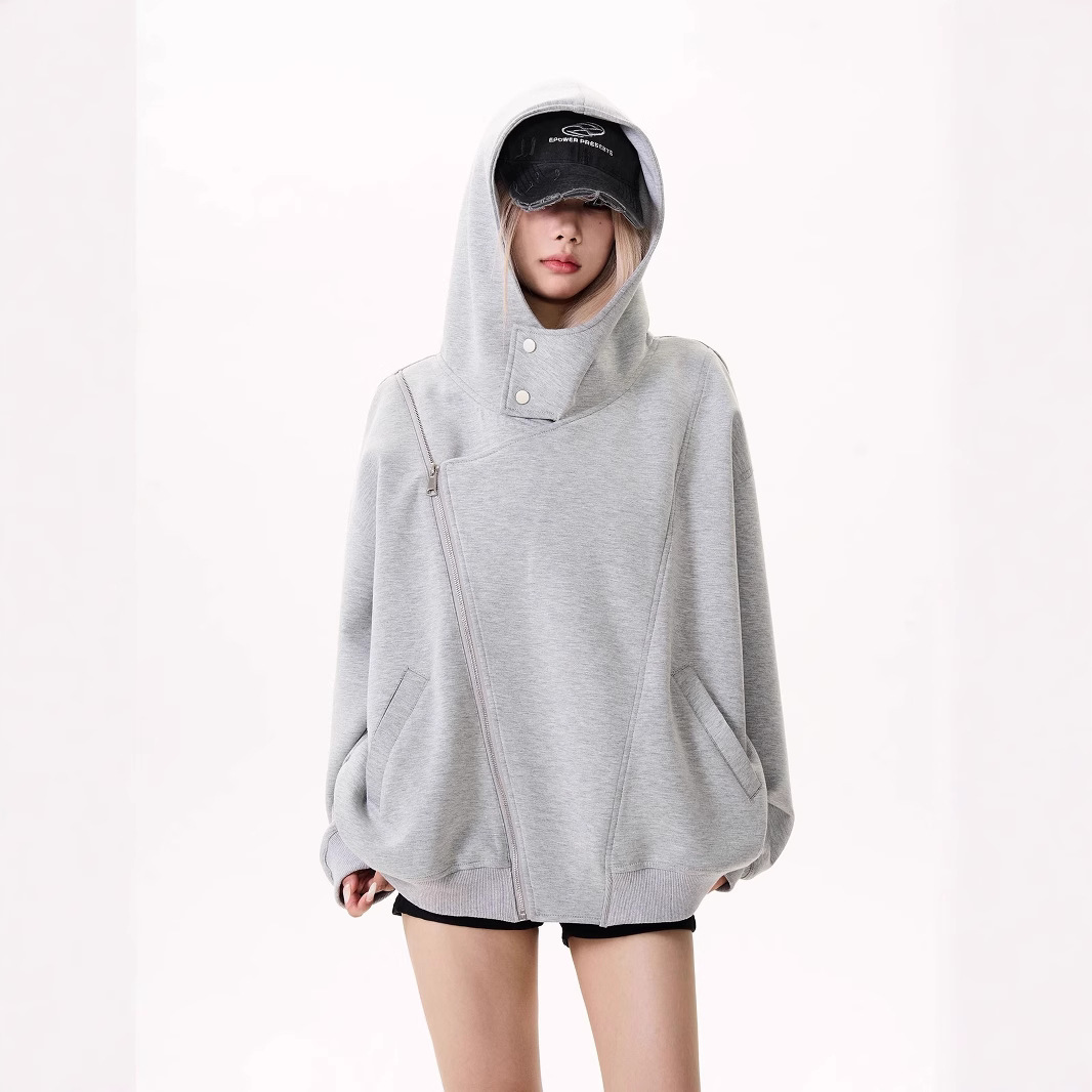 ストリートファッション 斜めジップ変形フードデザイン パーカー