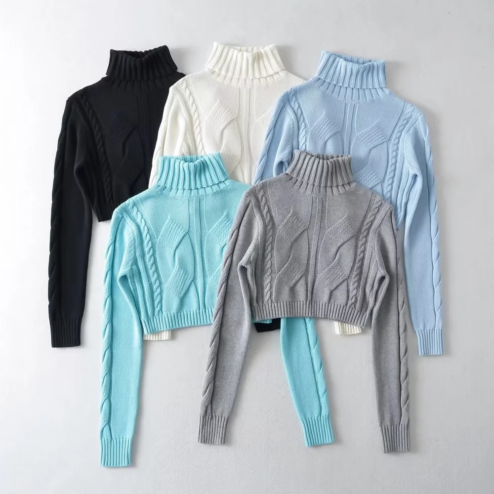 ストリートファッション タートルネック ショート丈 ケーブル編み ニットセーター