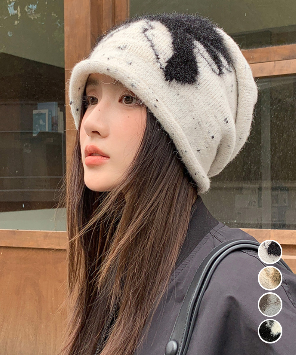 ストリートファッション ふわふわニット帽 リボン柄ビーニー 秋冬