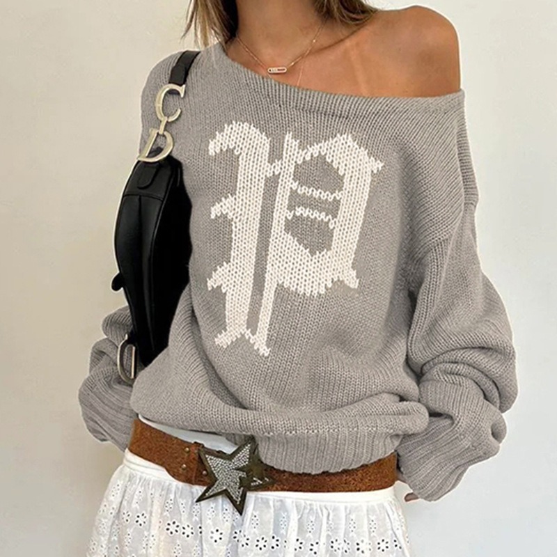 ストリートファッション オフショルダーニット 数字柄 ゆったり長袖トップス