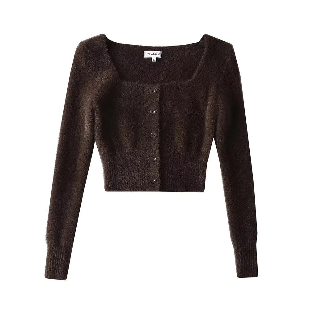 ストリートファッション ふんわりモヘア風ショート丈カーディガン