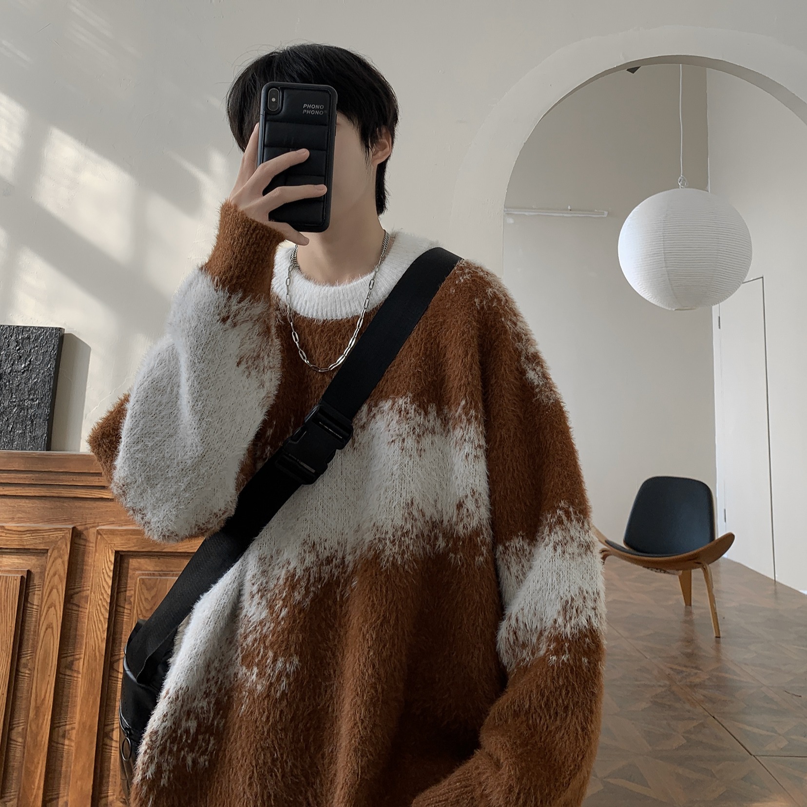 ストリートファッション モザイク模様もこもこニット