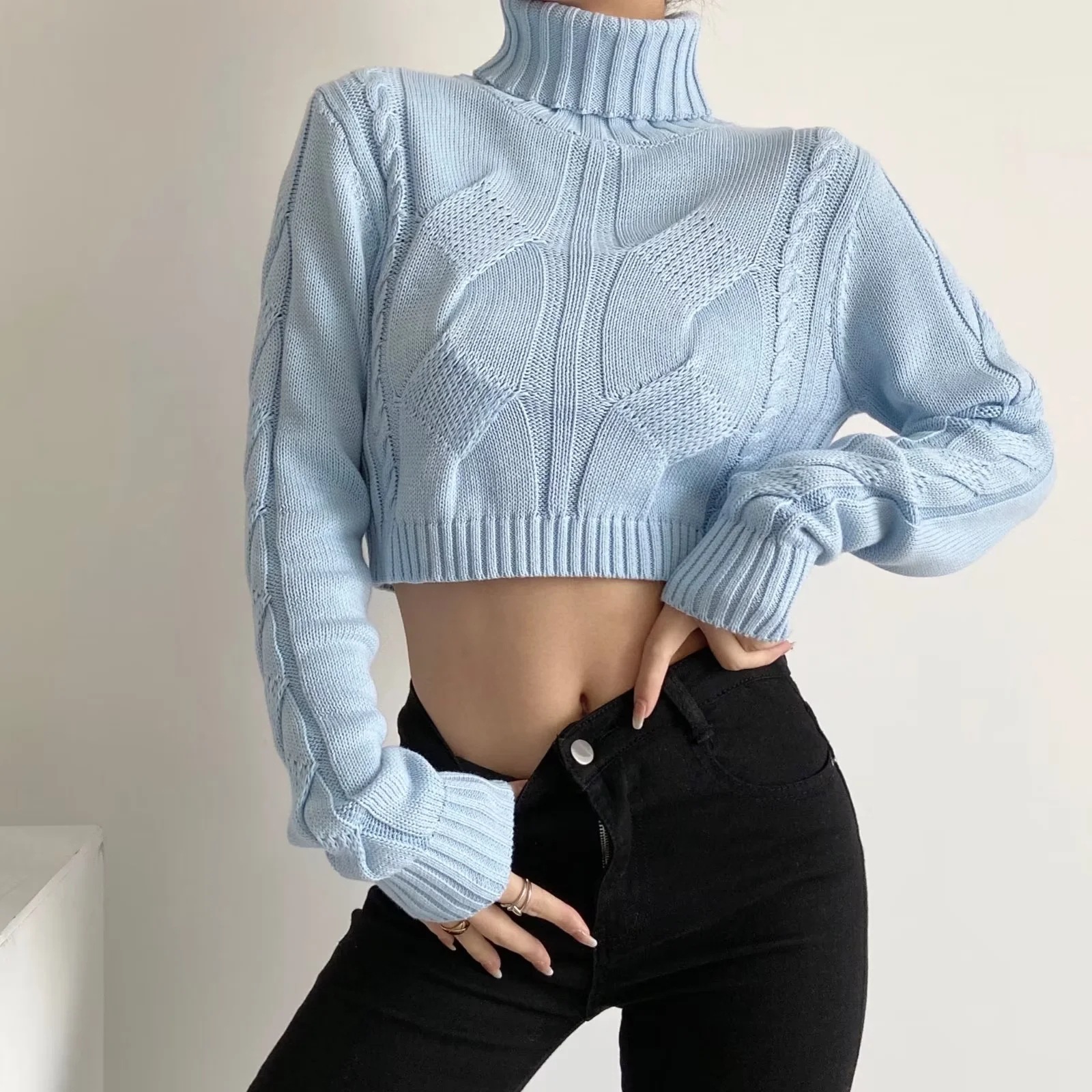 ストリートファッション タートルネック ショート丈 ケーブル編み ニットセーター